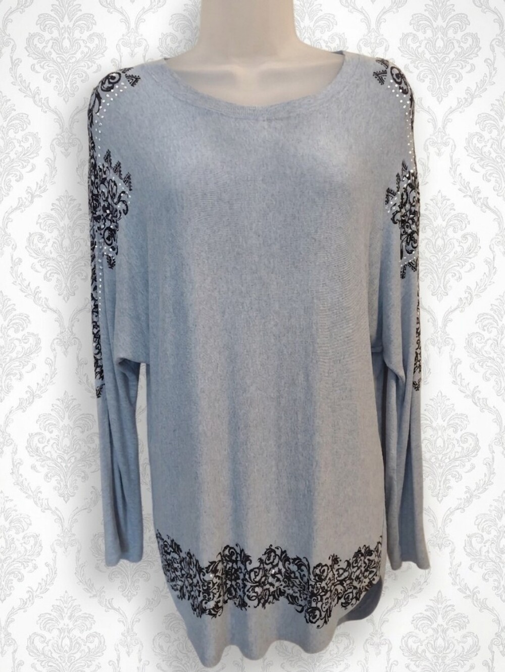 Vocal Crystal Embellished Filigree Tunic Top Light Blue Dolman Long Sleeve Small